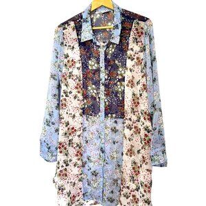 Cloth & Portrait Sheer Long Top Size XXL Blue Floral Button Front